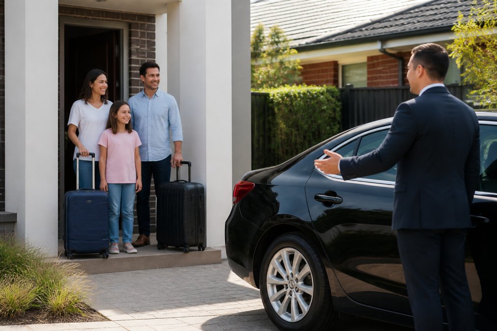Professional driver greeting passengers at residential home entrance, welcoming family with luggage, comfortable sedan visible in driveway, morning daylight