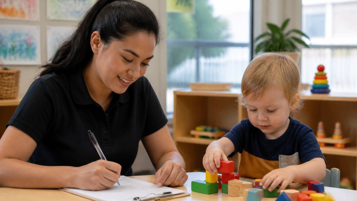 A daycare teacher sitting with a toddler at a small table, smiling and writing notes on a daily report sheet while the child plays with colorful blocks nearby