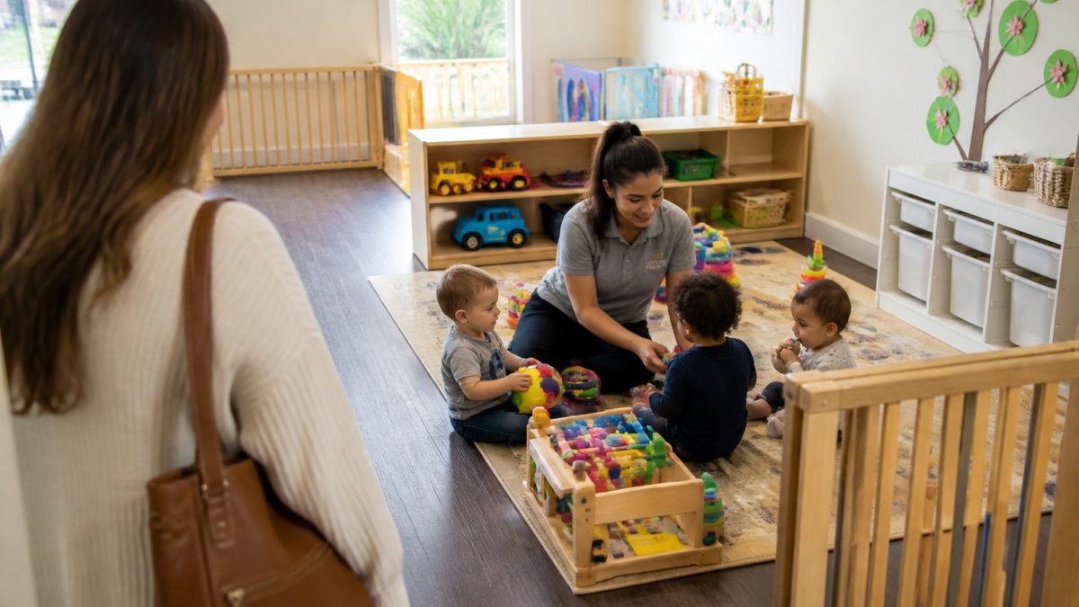 Parent observing a caregiver playing with toddlers in a secure classroom while considering daycare safety questions
