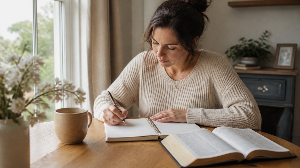 Christian mother sitting at a wooden table with a journal, coffee cup, and open Bible, writing during a quiet morning moment with soft natural light streaming through a window
