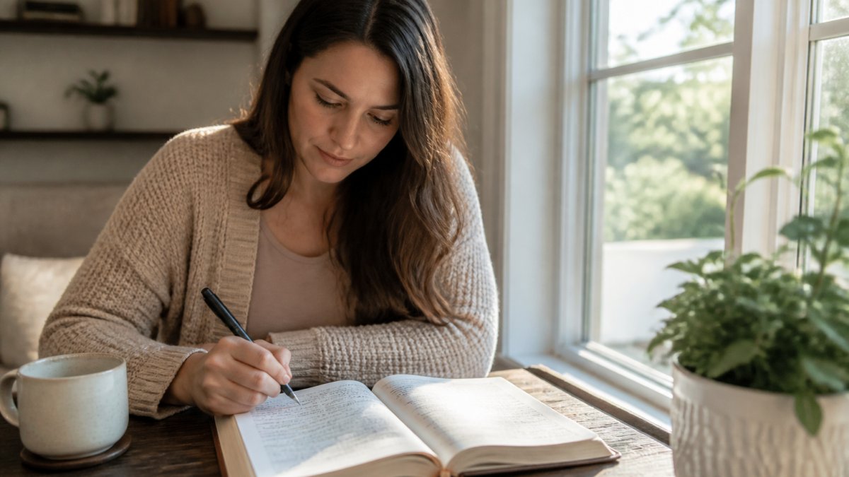 Christian mother sitting at a table with an open Bible journal, coffee cup nearby, natural light streaming through a window, pen in hand mid-writing