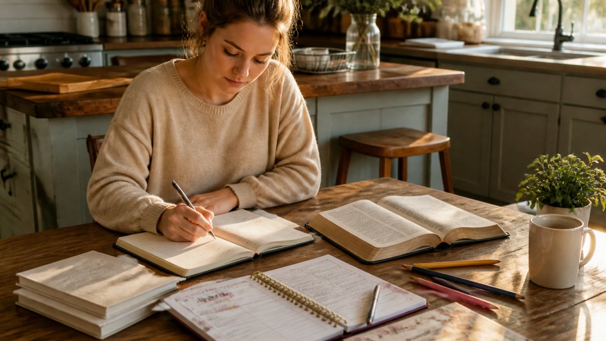 Woman sitting at a desk with an open Christian journal, Bible, and prayer tracker spread out, natural light streaming through a window, reflecting a moment of spiritual reflection and Scripture engagement