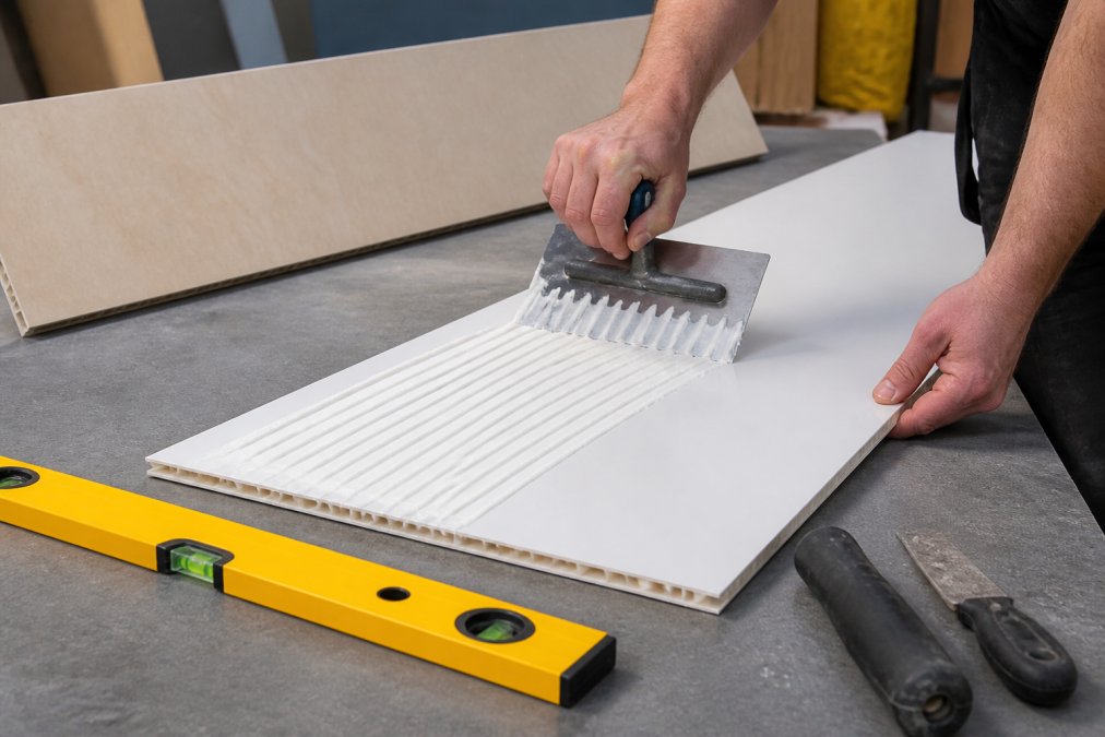 Professional installer's hands applying waterproof adhesive to the back of a white bathroom wall panel, with installation tools including a notched trowel and spirit level visible on a grey work surface