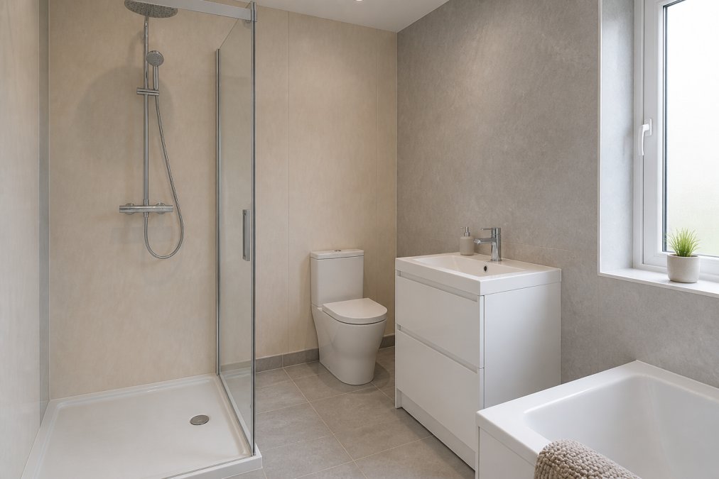 Contemporary bathroom interior featuring installed white and grey waterproof wall panels with a seamless finish, modern chrome fixtures, soft natural lighting from a window, and neutral colour scheme throughout