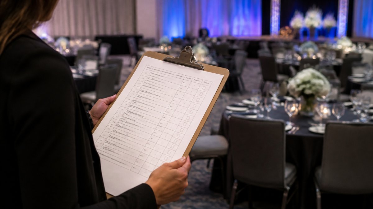 Checklist for an event photographer booking, held by a coordinator at a gala, outlining key photo requirements.