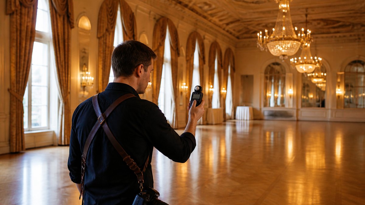 A photographer walking through an empty historic ballroom with tall windows and chandeliers, checking light levels with a handheld meter before an evening gala