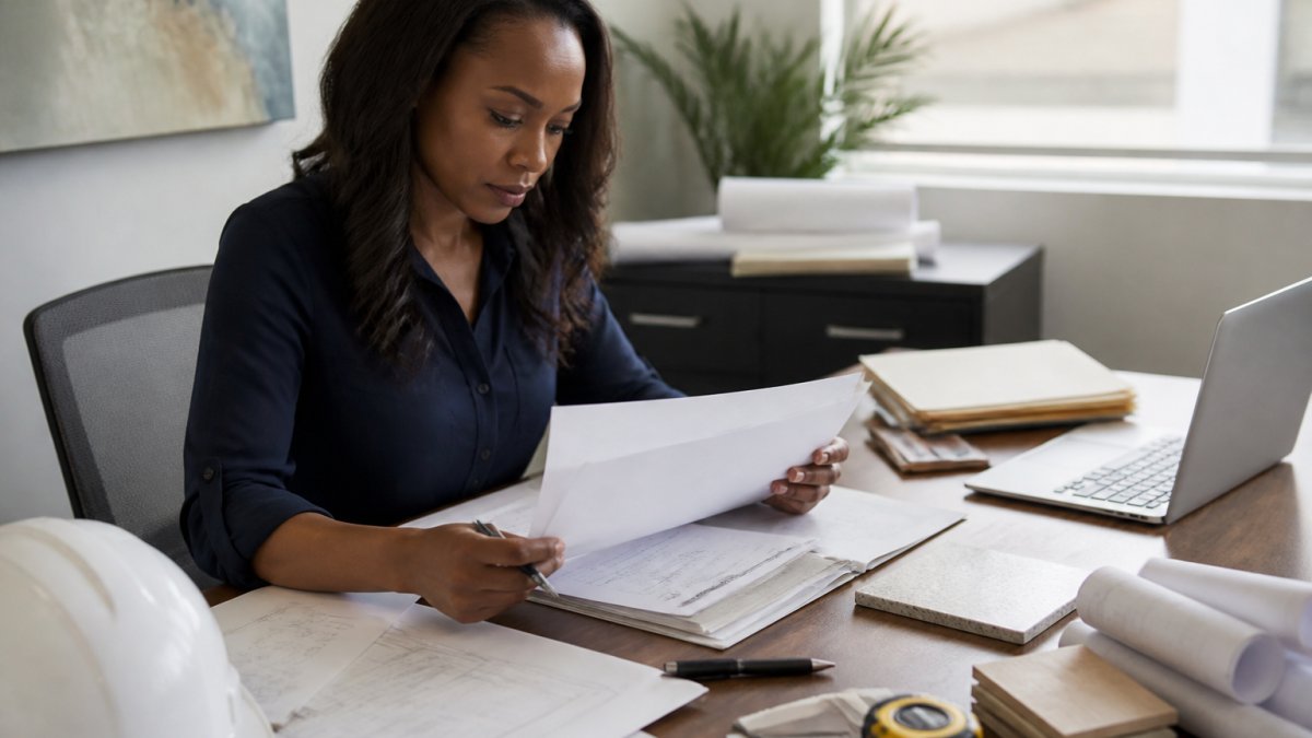 Professional contractor reviewing application documents and paperwork at a desk with a laptop, filing materials, and DC licensing forms in a modern office setting