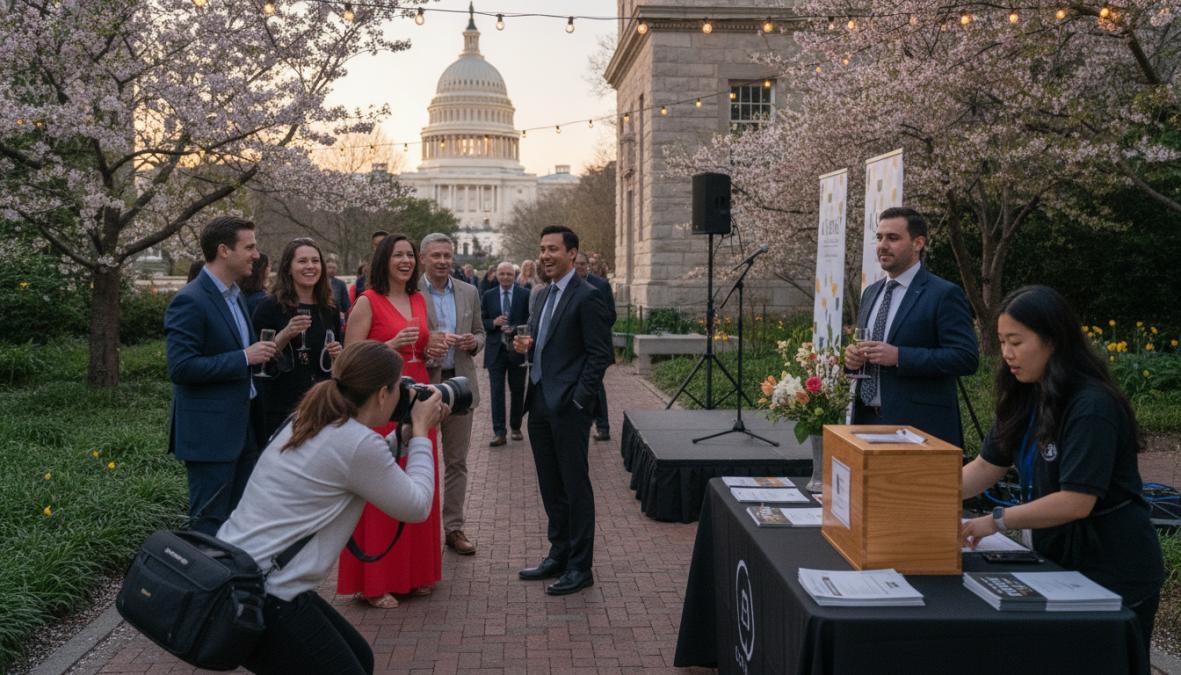 Professional photographer capturing authentic moments at a nonprofit gala in Washington DC, with diverse attendees engaged in conversation and celebration, warm ambient lighting reflecting genuine connection