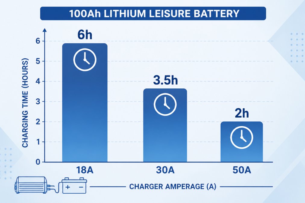 Bar chart comparing charging times for a 100Ah lithium leisure battery at different charger amperage ratings: 18A (approximately 6 hours), 30A (approximately 3.5 hours), and 50A (approximately 2 hours)