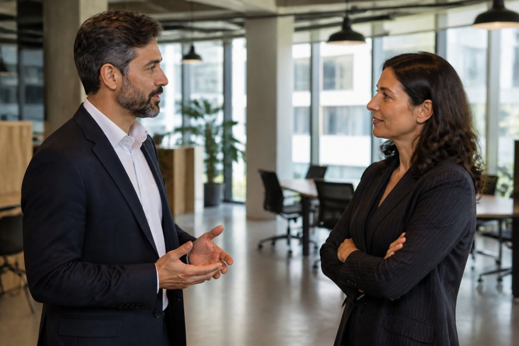 Two professionals using calm body language to practice de-escalation techniques for heated office arguments.