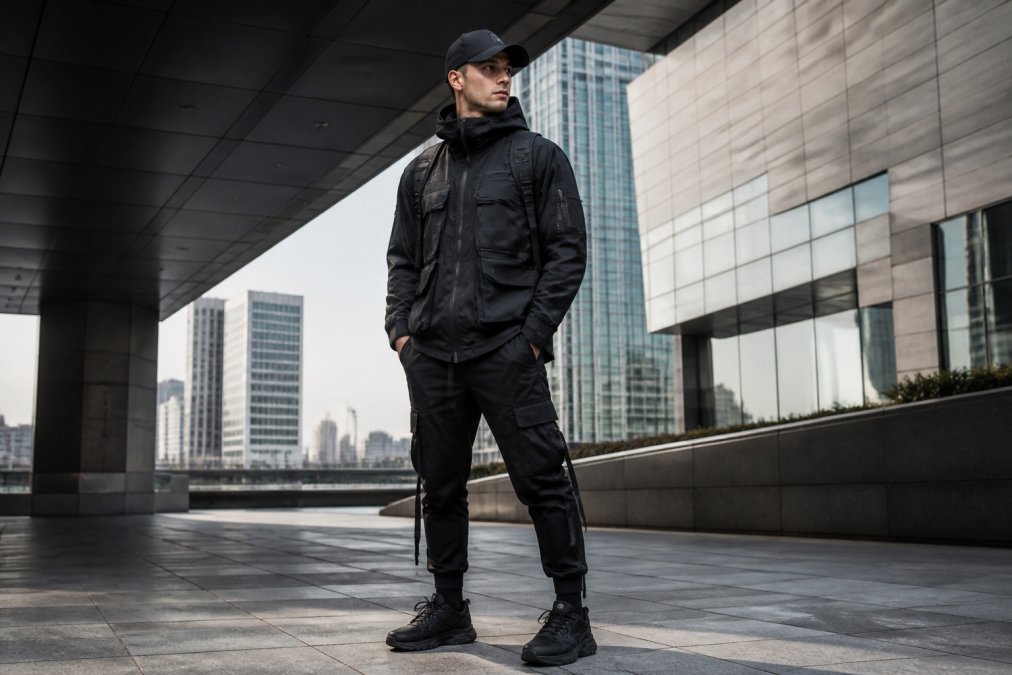 Man klädd i en komplett techwear-outfit med funktionella detaljer, vattenavvisande jacka, flera fickor och tekniskt tyg, stående i en urban miljö med modern arkitektur och naturligt dagsljus