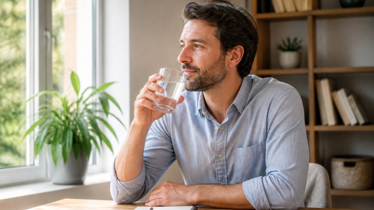Person in calm home environment holding a glass of mineral water, appearing relaxed and focused, with natural light streaming through a window