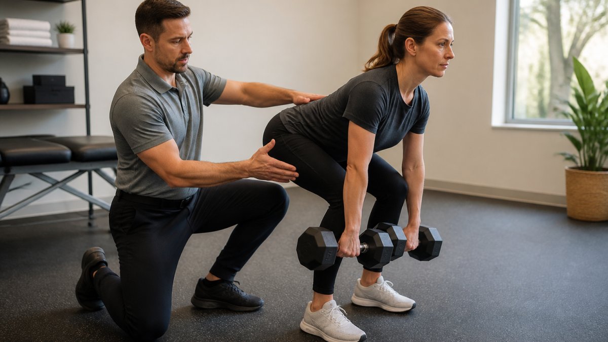 Physical therapist demonstrating proper neutral spine position during modified deadlift with client in modern clinical setting, showing hip hinge mechanics and upright posture
