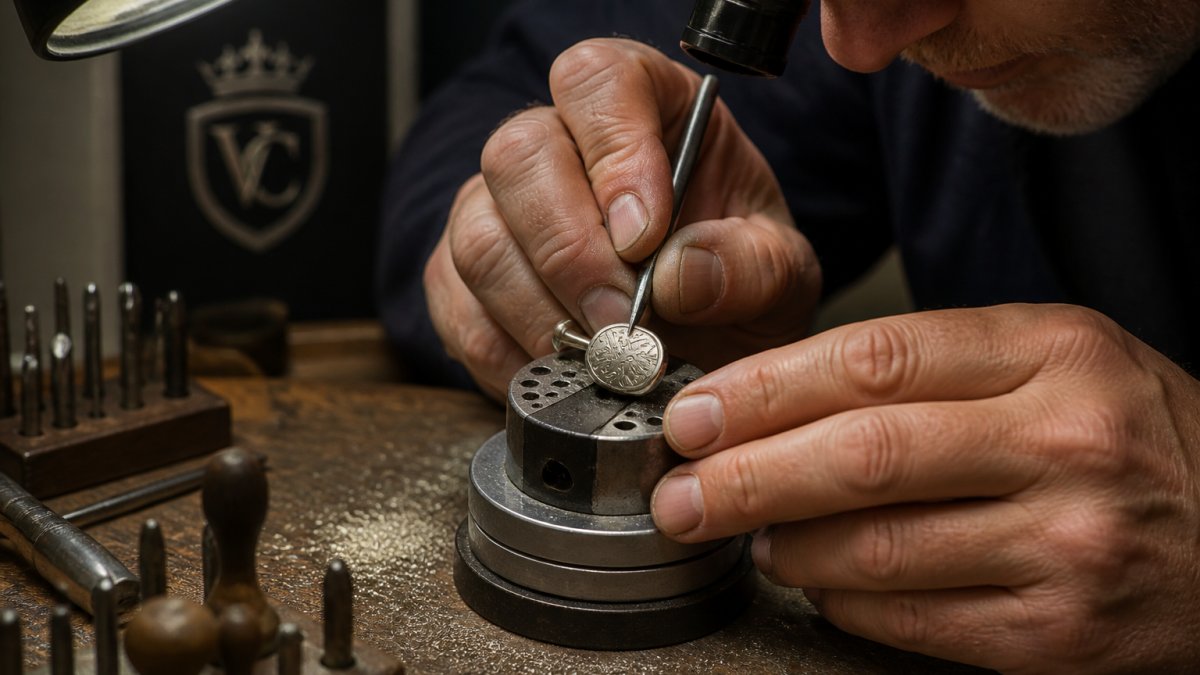 Jeweler's hands carefully hand-engraving intricate details into a polished sterling silver cufflink using precision engraving tools, with fine metal shavings visible and bright workshop lighting illuminating the detailed work
