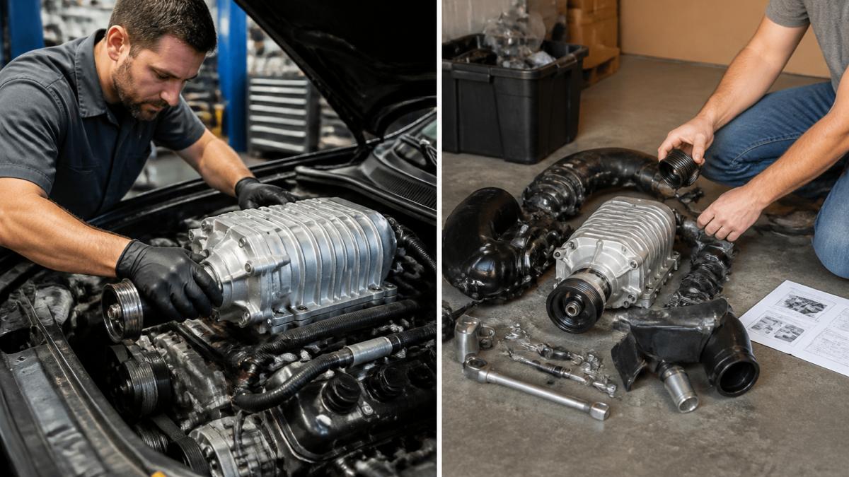 Professional mechanic installing a forced induction kit on a V8 engine in a workshop