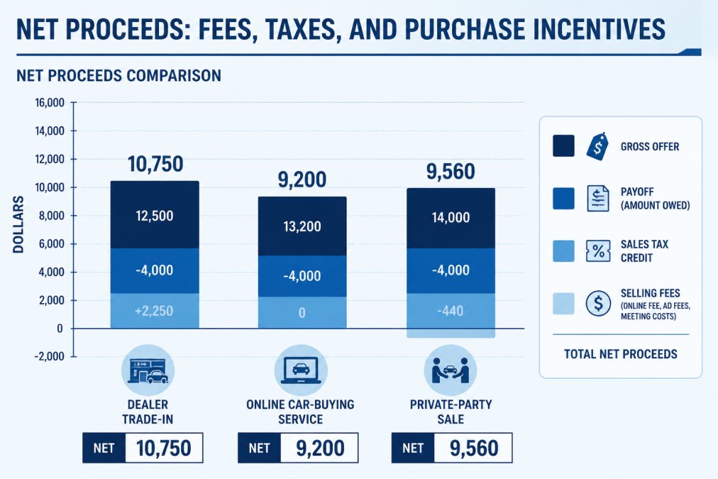 Stacked bar chart comparing net proceeds across three paths: dealer trade-in at $12,500 offer minus $4,000 payoff with sales tax credit applied, online car-buying service at $13,200 offer minus $4,000 payoff and $0 tax credit, private-party sale at $14,000 minus fees and no tax credit