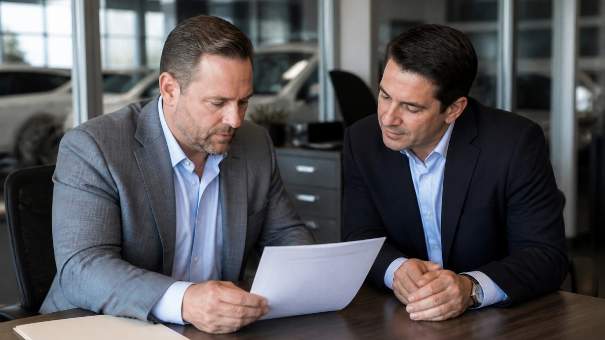 A dealership general manager and an IT vendor representative reviewing a printed invoice together at a desk in a dealership office, both looking at the document with focused expressions