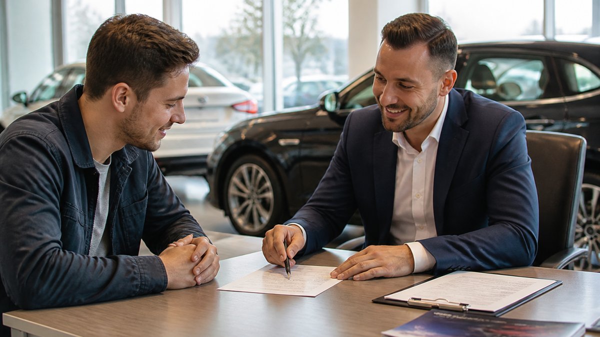 First-time car buyer sitting across from a friendly dealership finance manager reviewing loan paperwork and discussing terms in a bright, welcoming office with natural sunlight streaming through windows