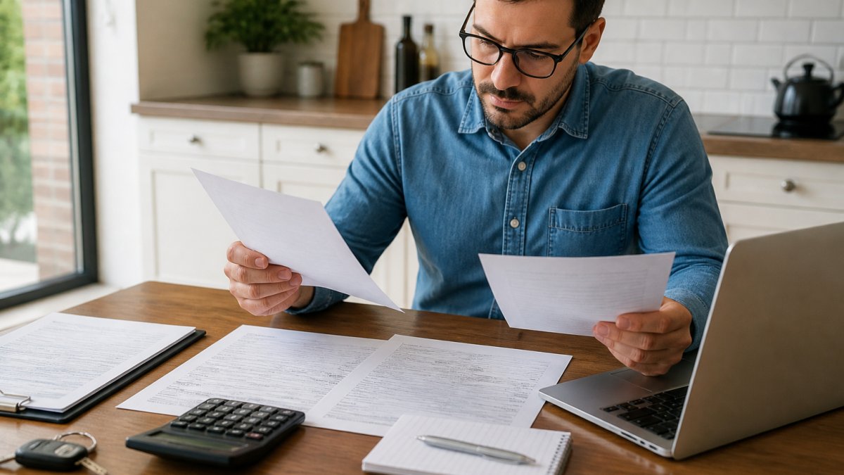 Professional sitting at kitchen table with loan documents, calculator, and laptop comparing multiple car loan offers and terms