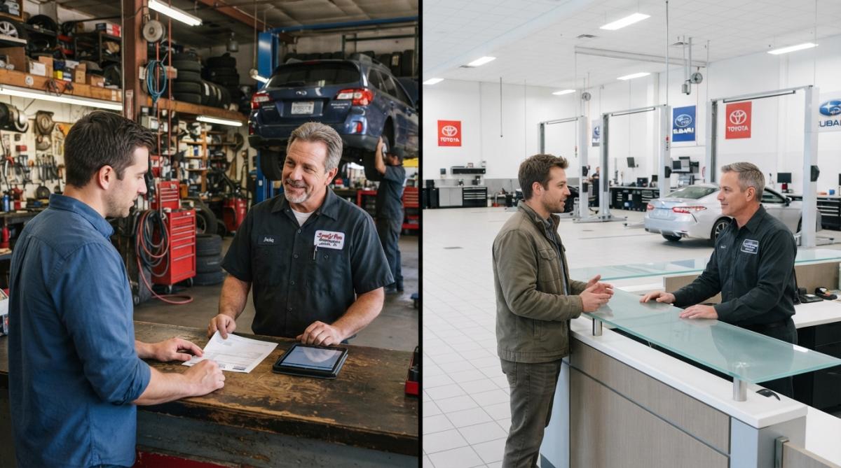 Service advisor discussing repair estimate with customer at independent mechanic shop, both examining paperwork on desk with tools visible in background, natural workshop lighting