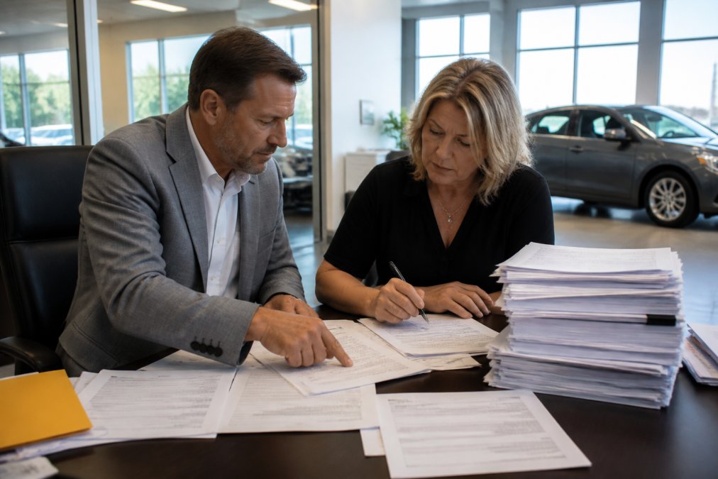 A dealership manager and an accountant reviewing a thick stack of printed contracts and invoices together at a desk in a dealership office, papers spread across the surface under bright overhead lighting