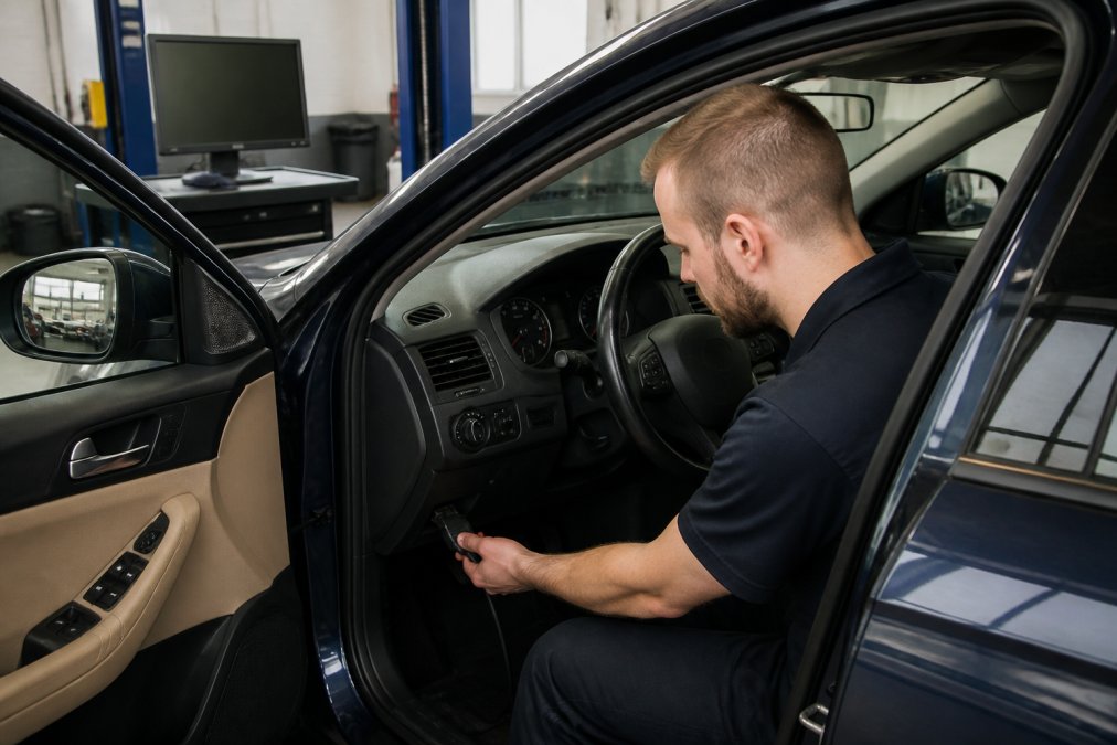 Technician using diagnostic laptop tools to analyze European auto repair data on a vehicle OBD port