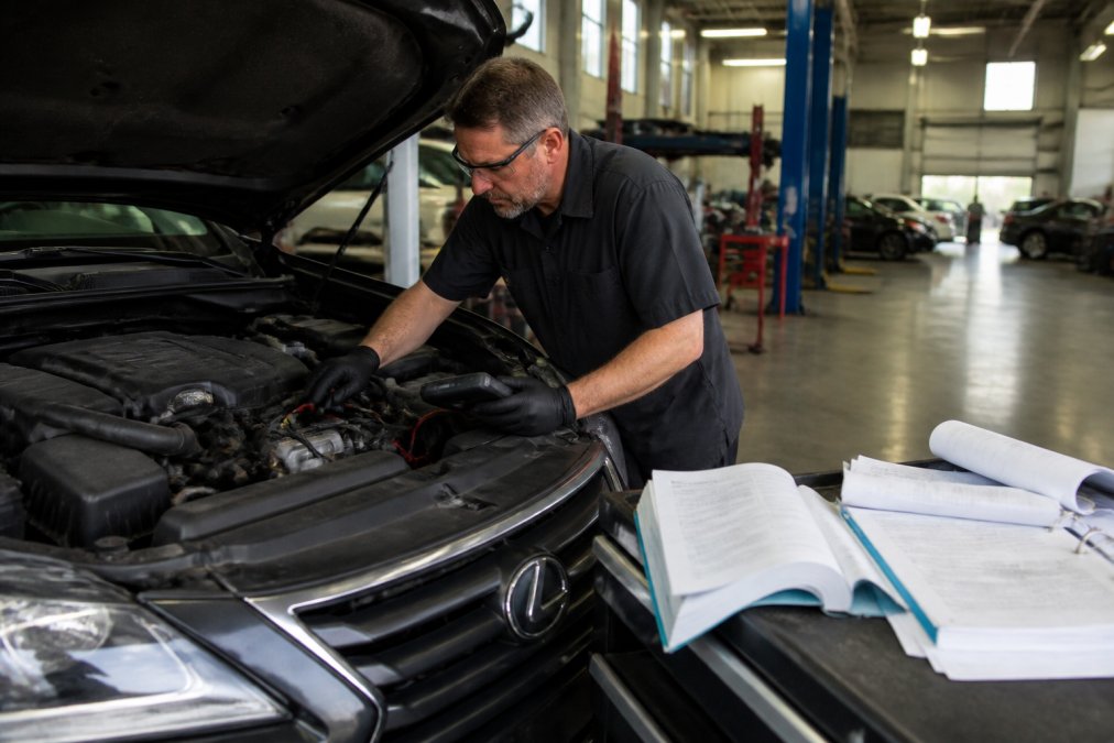Technician using a diagnostic scanner on a Lexus engine with service bulletins nearby for dealership vs independent mechanic