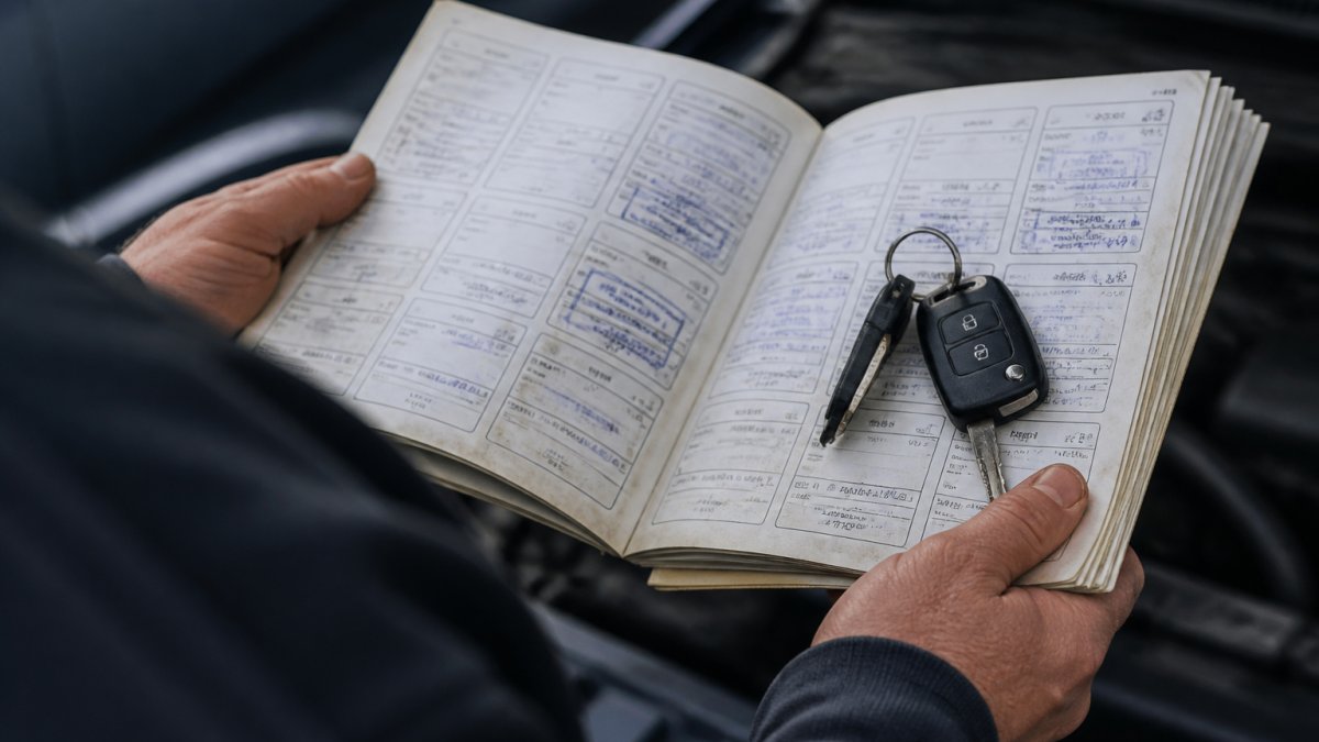 Hands flipping through a worn vehicle logbook filled with service stamps next to car keys