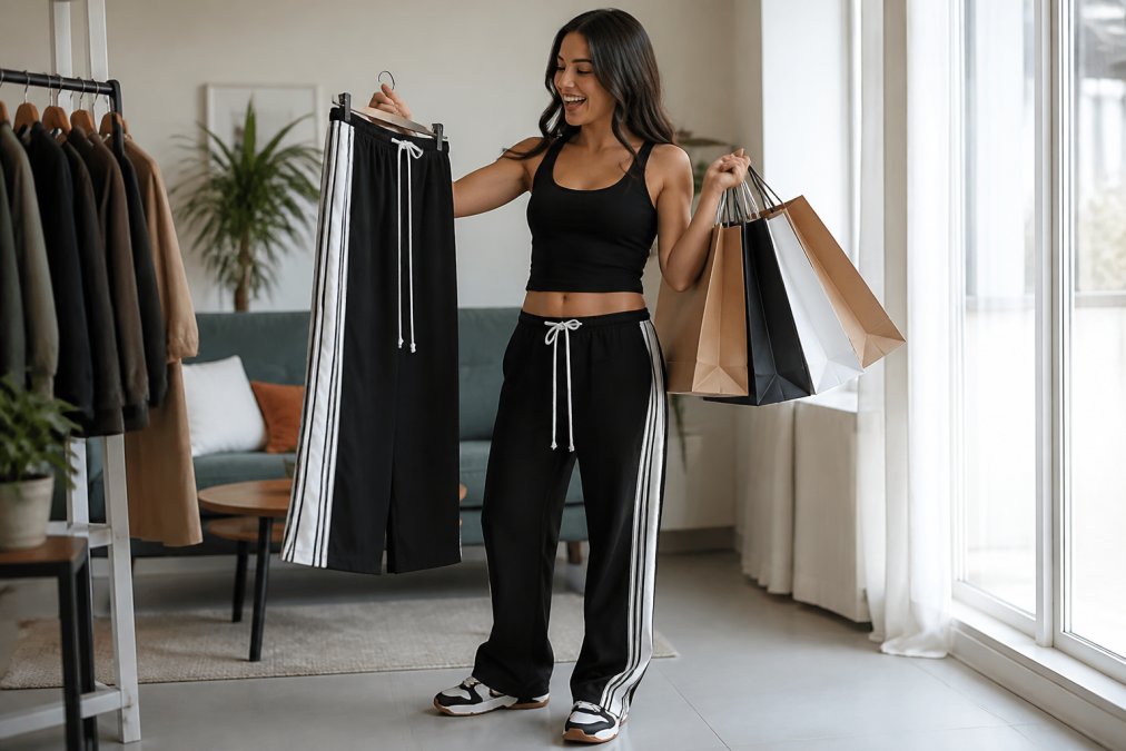 Young woman holding multiple shopping bags with trendy clothing items, smiling while reviewing her purchases in bright natural window lighting