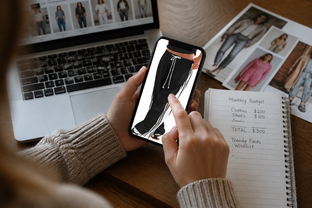 Close-up of hands scrolling through an online shopping app on a smartphone, with a laptop and notebook nearby showing handwritten budget notes and style inspiration clippings