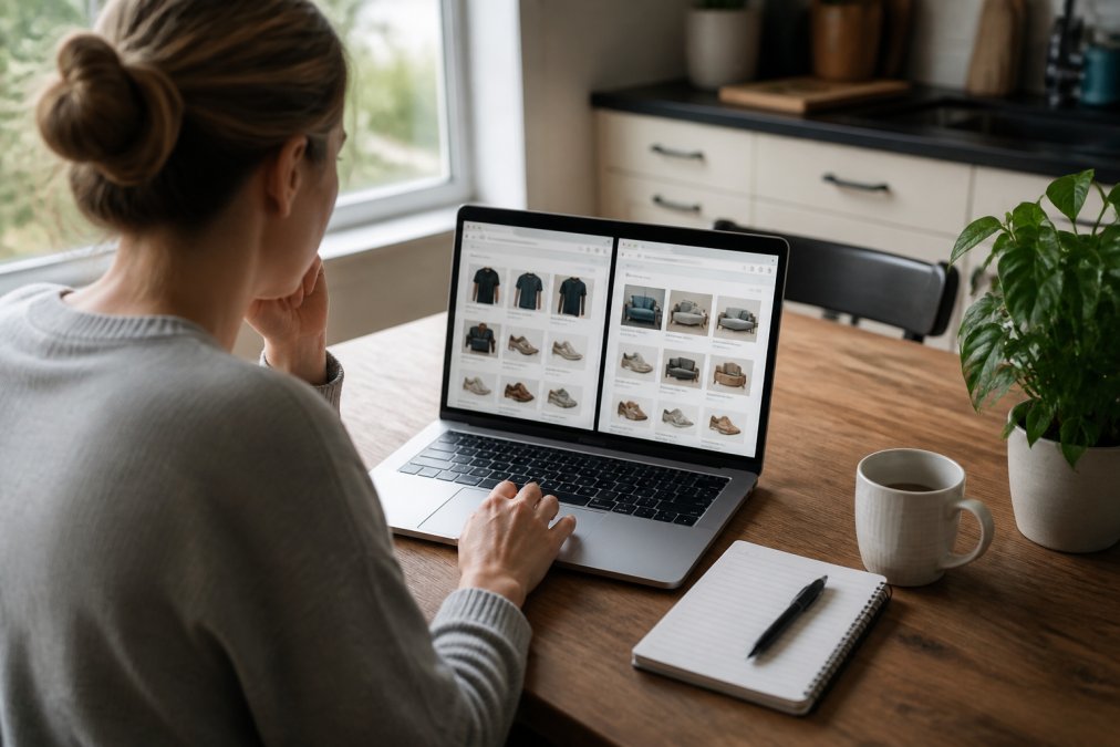 A person sitting at a kitchen table with a laptop open to two discount shopping websites side by side, a notepad and pen nearby, warm natural light from a window