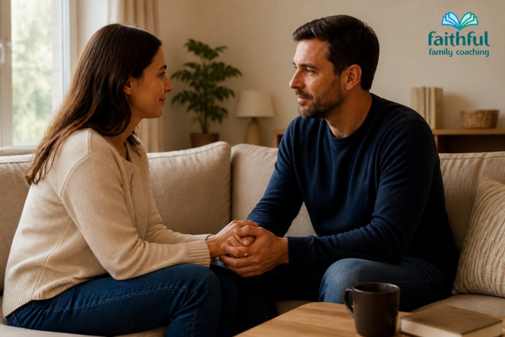 A married couple sitting on a couch at home, holding hands and having a calm, gentle conversation. Soft natural window light, warm and hopeful atmosphere.