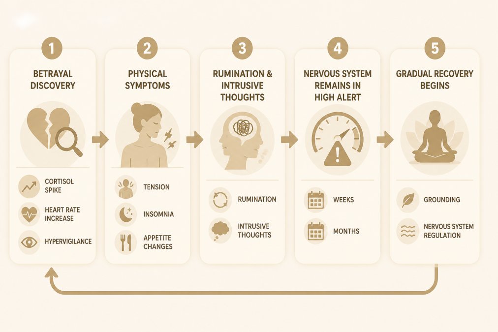 Navigating the Storm of Betrayal Trauma on Your Own: A Guide to Healing 1 Flowchart showing the fight-flight-freeze response cycle: Betrayal discovery triggers nervous system activation (cortisol spike, heart rate increase, hypervigilance) → physical symptoms emerge (tension, insomnia, appetite changes) → rumination and intrusive thoughts intensify → nervous system remains in high alert for weeks or months → gradual recovery phase begins with grounding and nervous system regulation