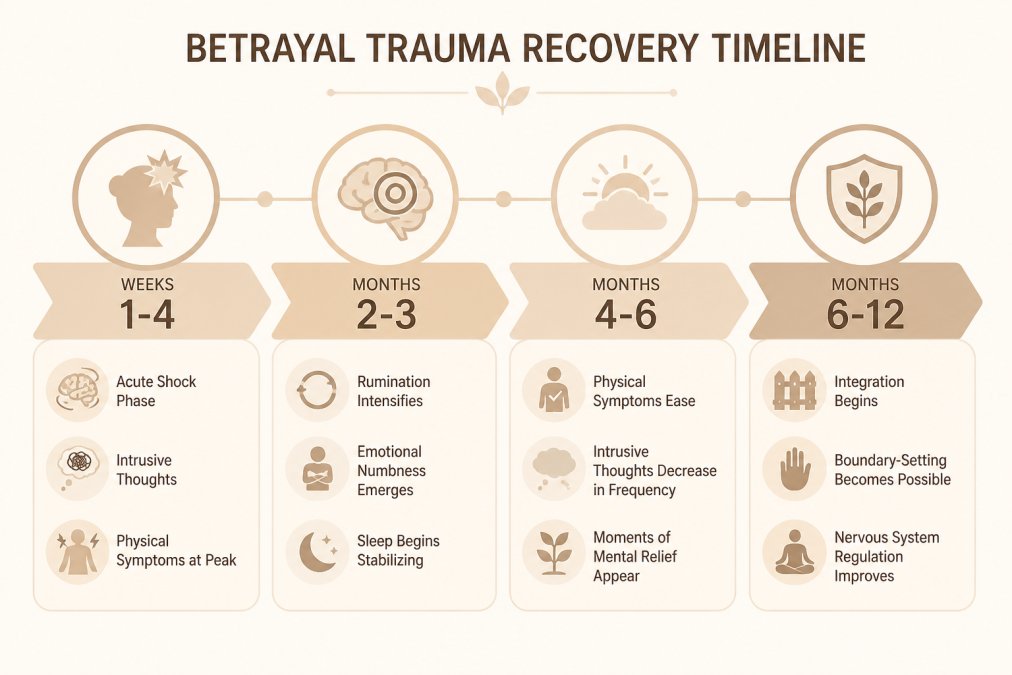 Navigating the Storm of Betrayal Trauma on Your Own: A Guide to Healing 2 Timeline visualization showing recovery stages: Weeks 1-4 (acute shock phase, intrusive thoughts, physical symptoms at peak), Months 2-3 (rumination intensifies, emotional numbness emerges, sleep begins stabilizing), Months 4-6 (physical symptoms ease, intrusive thoughts decrease in frequency, moments of mental relief appear), Months 6-12 (integration begins, boundary-setting becomes possible, nervous system regulation improves)