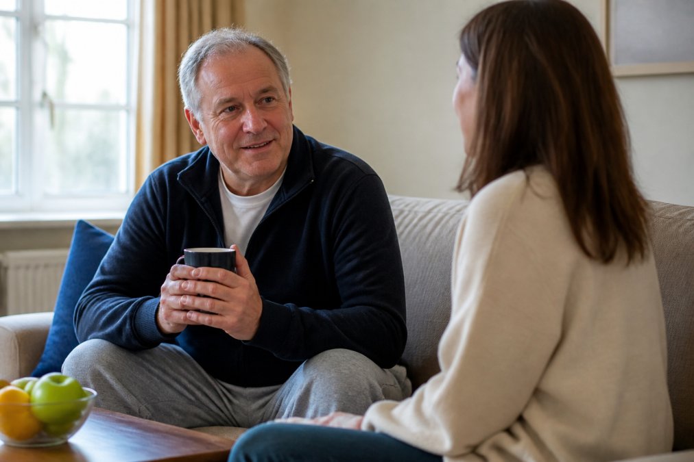 Middle-aged man smiling and talking with family while dealing with depression after cardiac surgery