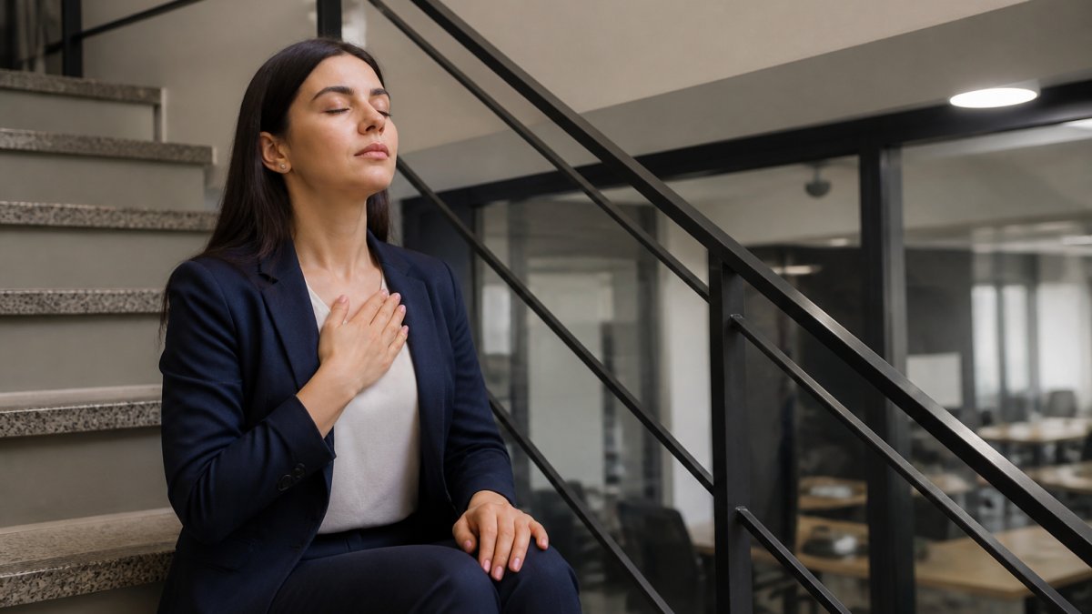 A person sitting alone on a quiet stairwell landing at an office, eyes closed, one hand flat on their chest, taking a slow breath before a meeting, soft overhead lighting