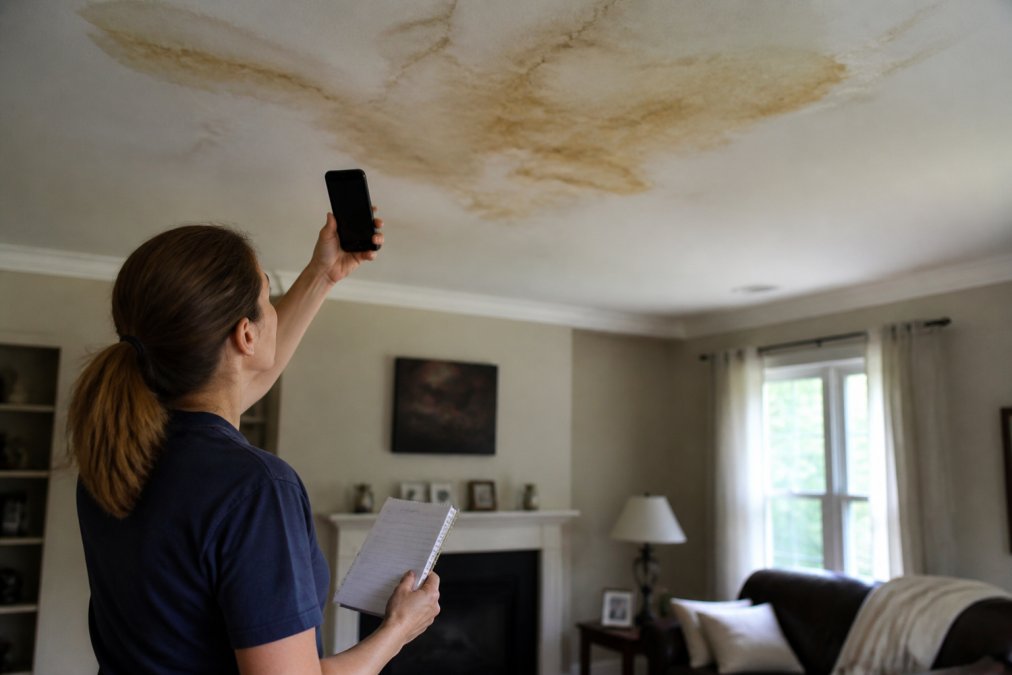 Homeowner documenting water damage on a ceiling for an insurance adjuster using a smartphone and notepad