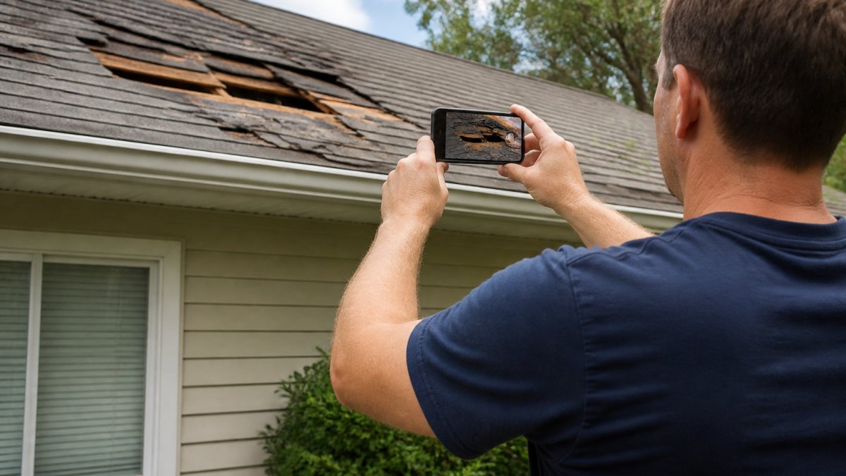 Homeowner photographing roof damage with smartphone, showing close-up detail of missing shingles and exposed wood after severe storm, natural daylight