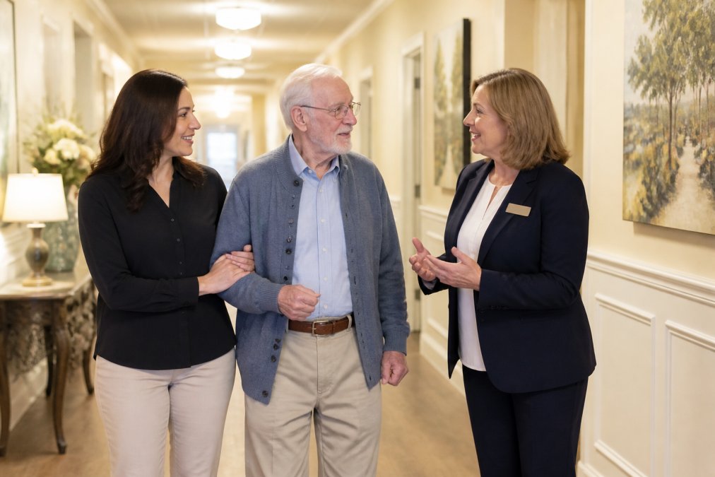 Adult daughter and elderly father walking through a bright, welcoming senior living hallway with residential artwork on walls, speaking with a smiling staff member in professional attire