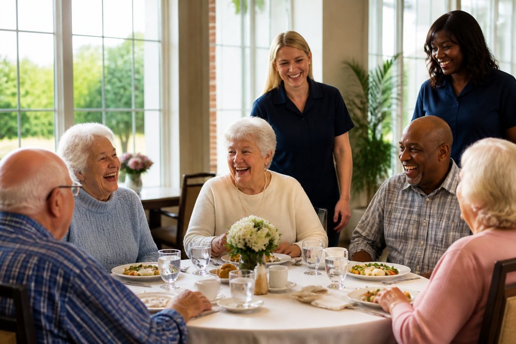 Group of seniors laughing together over a meal in a bright, welcoming dining room with large windows, natural light streaming in, and staff members smiling nearby