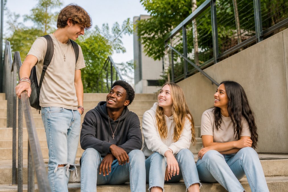 Diverse group of teenagers wearing stylish faith-based casual apparel in modern settings, showing how contemporary Christian clothing looks on Gen Z youth, tees paired with jeans, hoodies, and accessories in bright natural lighting