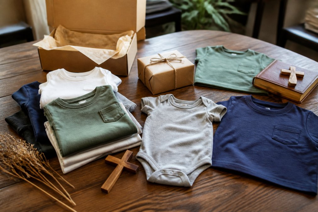 Neatly arranged faith-inspired clothing items for kids and toddlers, including tees and bodysuits, displayed with gift wrapping and ministry-related items like Bibles and crosses on a wooden table with soft natural lighting