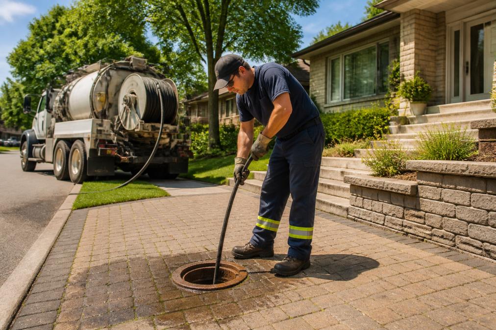 Technicien utilisant un flexible haute pression pour le débouchage canalisation devant une résidence à Montréal