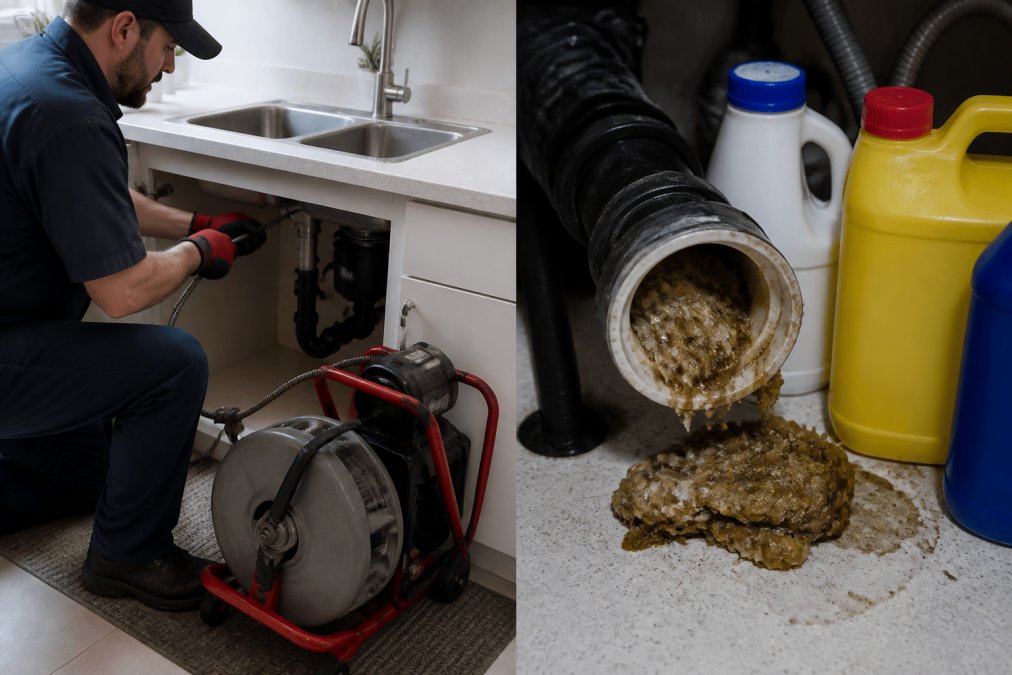 Professionnel utilisant un furet électrique pour déboucher un évier de cuisine, montrant l'équipement spécialisé inséré dans le drain avec accumulation de graisse visible, sous éclairage naturel d'une cuisine moderne