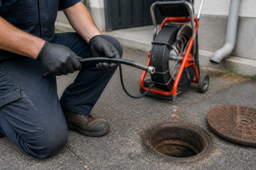 Technicien insérant une caméra d'inspection pour un débouchage drain sans excavation efficace.