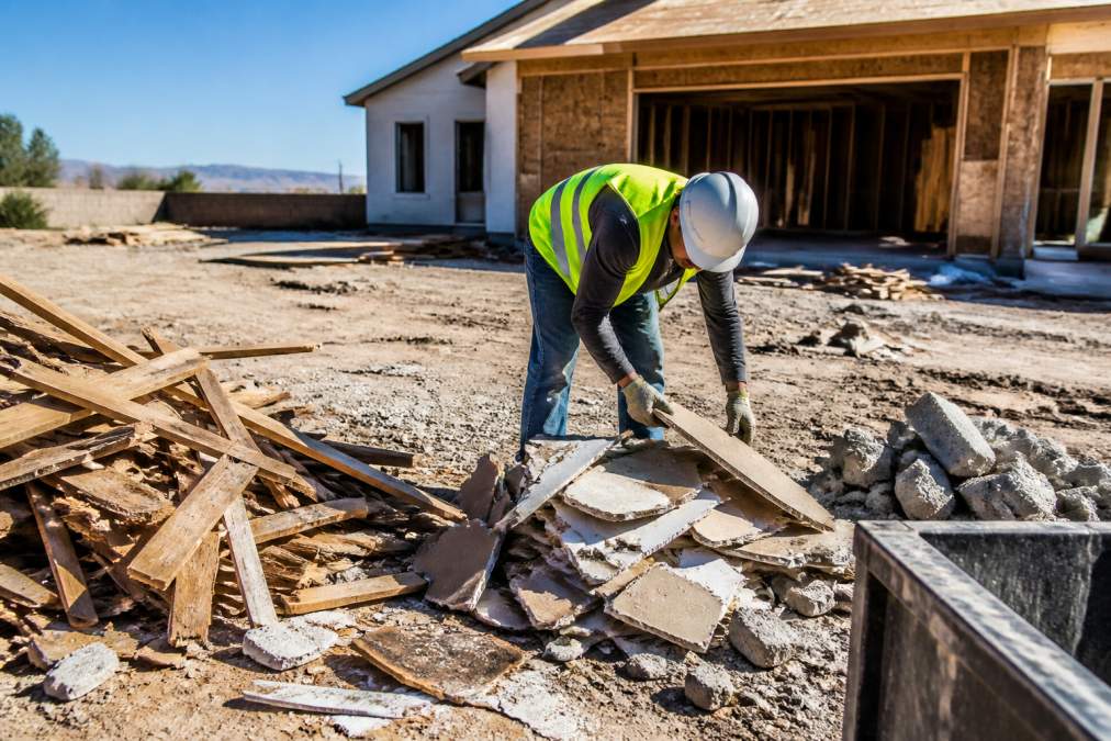 A residential construction site with scattered wood scraps, drywall pieces, and concrete chunks; a worker in a safety vest and gloves sorting debris into piles near a partially built home