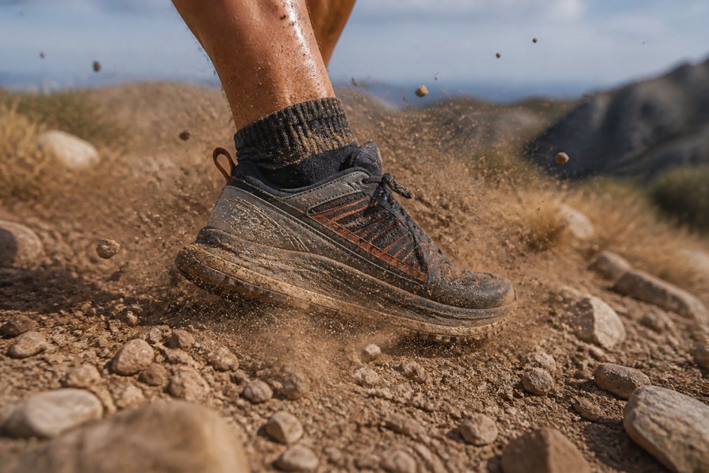 Trail runner's foot mid-stride on rocky, dusty terrain with visible dirt particles swirling around the shoe and sock cuff