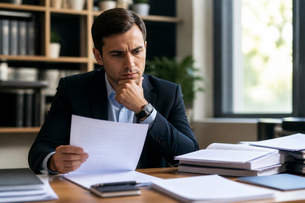 Professional reviewing legal documents at a desk while deciding between debt attorney vs self representation