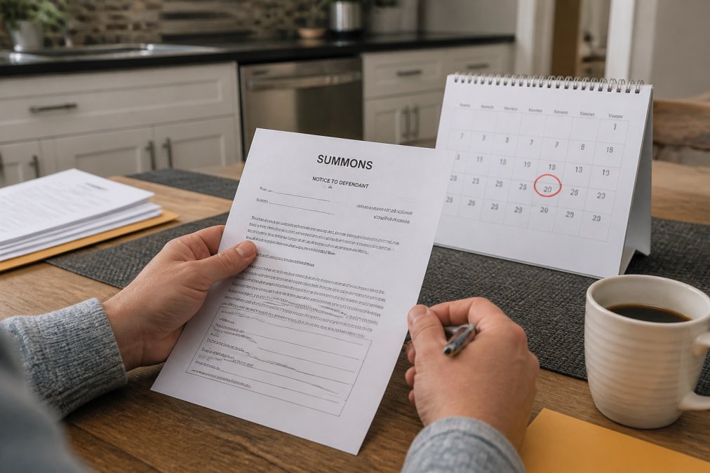 A person's hands holding a legal summons document and a pen at a kitchen table, with a calendar visible in the background showing a deadline circled in red