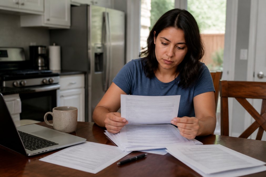 A person sitting at a kitchen table with a stack of court forms, a pen, and a laptop, reviewing paperwork with a focused expression